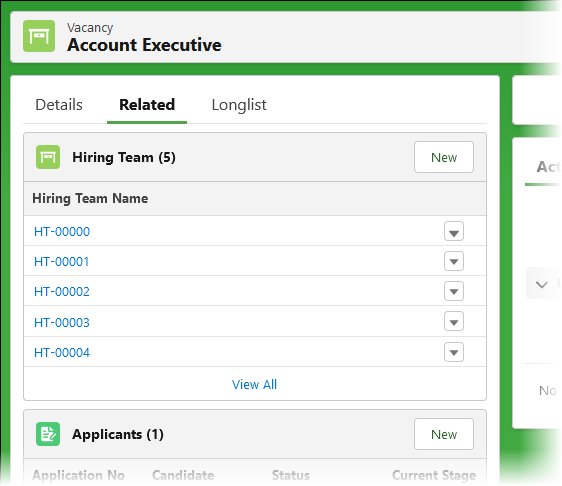 Screenshot showing sample hiring team releated list